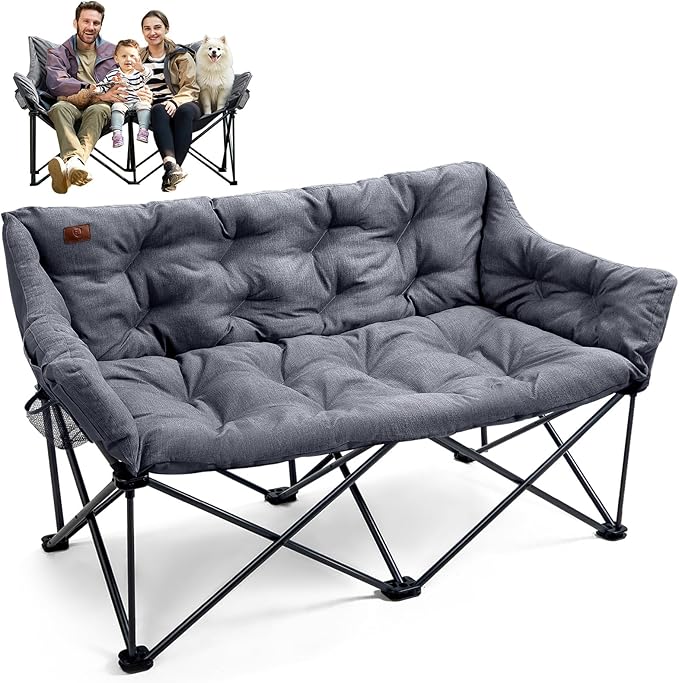 EVER ADVANCED Extra Large Double Camping Chair for Adults Family Size Padded Folding Camping Love Seat Bench with Side Pocket Portable Camping Couch Two Person Heavy Duty Folding Outdoor Chair