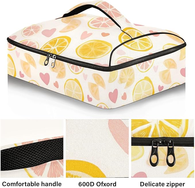Casserole Carrier Lemon Slices and Heart PatternInsulated Casserole Carrier for Hot or Cold Food Thermal Lunch Tote for Potluck Parties Picnic Beach Fits 9 x 13 Inches Baking Dish