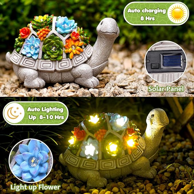 Solar Garden Turtle Statue - Turtle Decor with 7 Warming Solar LED Lights Outdoor Decorations for Yard Patio Lawn &amp More for Women Moms Birthdays