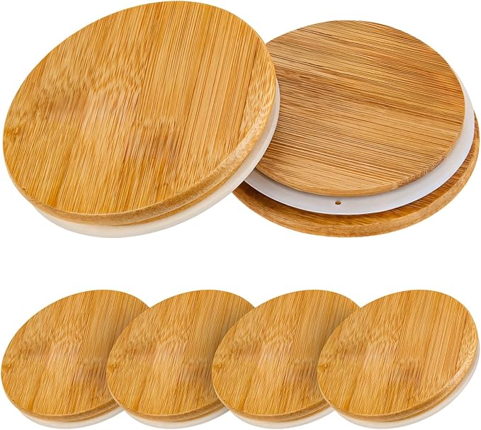 Generic Natural Wood Caps For Tea Coffee Mug Covers 6 Pcs Mason Jar Lids 3.4-Inch Wide Mouth Wooden Jar Covers With Silicone Seal Airtight Storage Lids For 32/4/8/64/16 Oz Jars