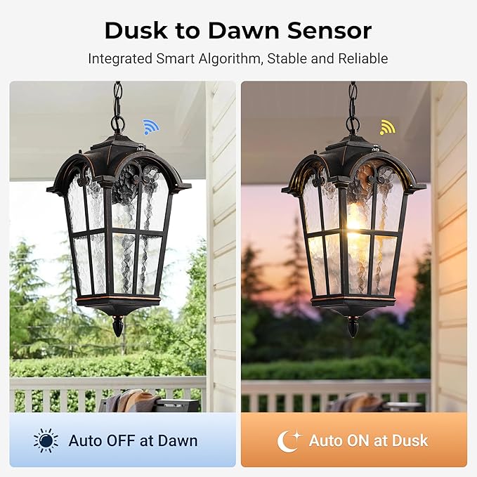 Large 18.7 Outdoor Pendant Light with Dusk to Dawn Sensor Vintage ORB Outdoor Chandelier with Ripple Glass Aluminum Outside Hanging Lighting Pendant Lights for Porch Doorway Entryway