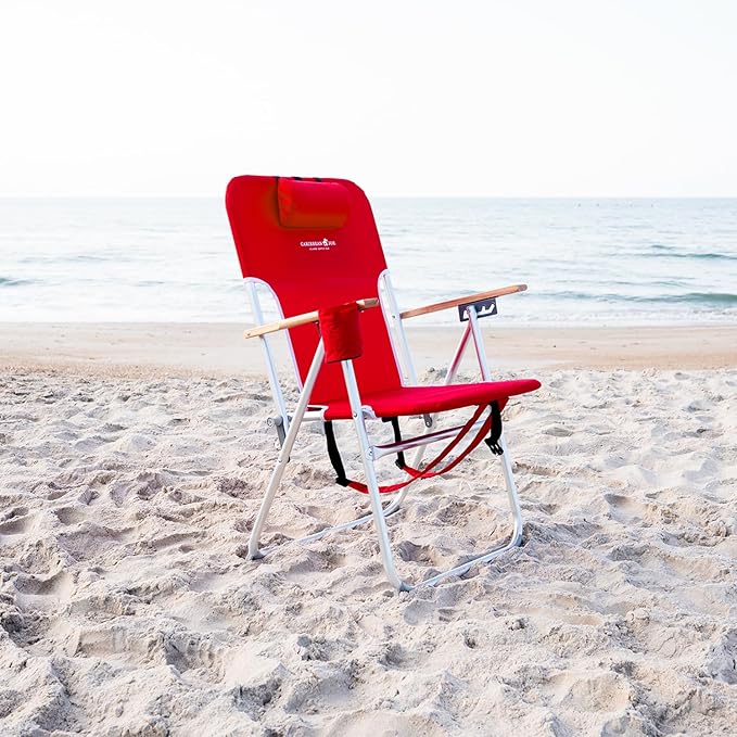 CARIBBEAN JOE Folding Beach Chair 4 Position Portable Backpack Foldable Camping Chair with Headrest Cup Holder and Wooden Armrests