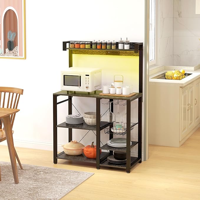 Rack with Power Outlet and LED Lights Bakers Racks for Kitchens with Storage Industrial Microwave Stand with Glass Holders Metal Basket Multiple Shelves Gray