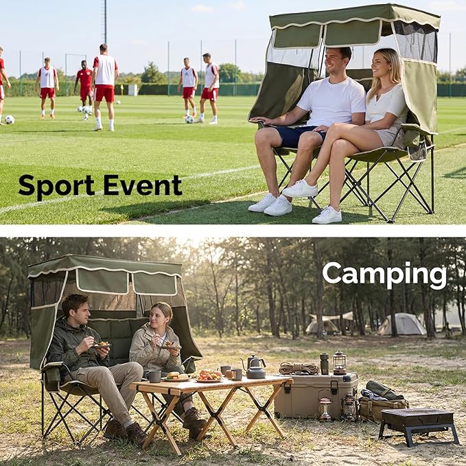 VINGLI Oversize Double Camping Chair with CanopyBeach Chair with Canopy Shade Portable Camping Loveseat with 2 Storage Bags for Outdoor Soccer Sport Events Beach or Camping