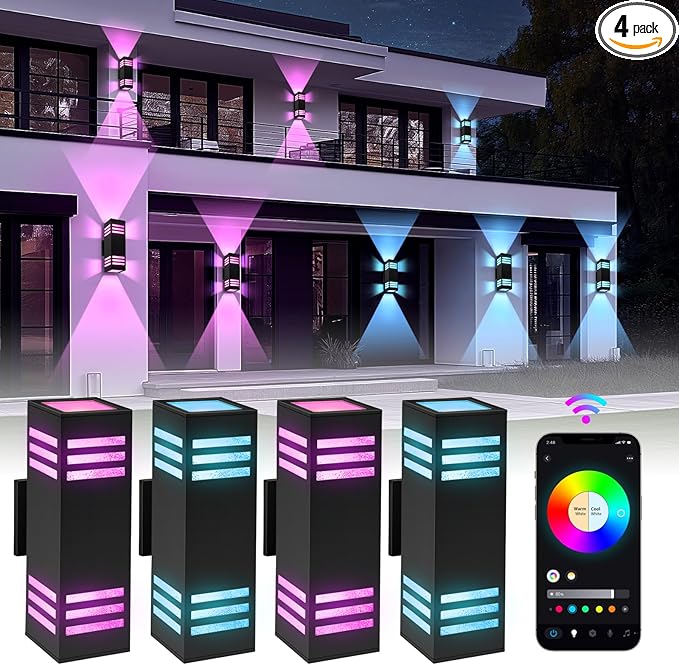 Outdoor Wall Lights 4 Pack RGBCW Smart Porch Lights with Various Scene Modes Waterproof Dimmable Up and Down Lights Outdoor DIY Lighting Effects Compatible with Alexa Google Assistant