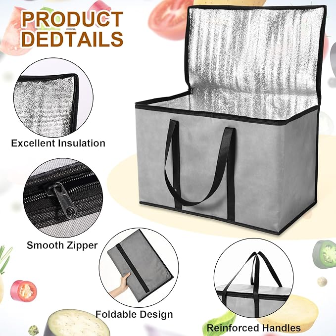 12 Pcs Large Insulated Food Delivery Bag Bulk XXXL Reusable Grocery Bags Foldable Catering Insulated Cooler Bag with Sturdy Handles for Takeout Shopping Camping Warmer/frozen(Gray)