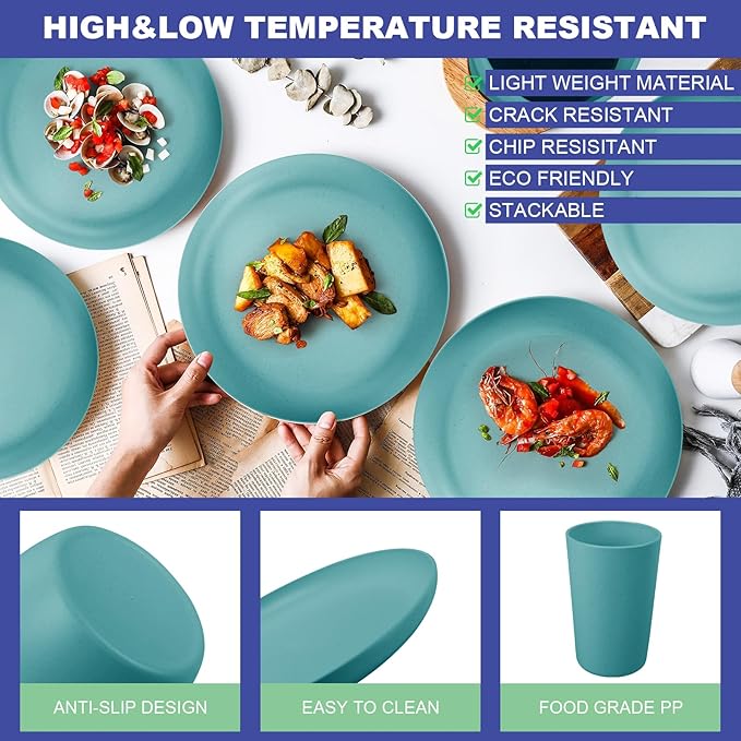 24pcs Wheat Straw Dinnerware Sets Wheat Straw Plates and Bowls Sets for 4 Microwave Dishwasher Safe Lightweight （Green）