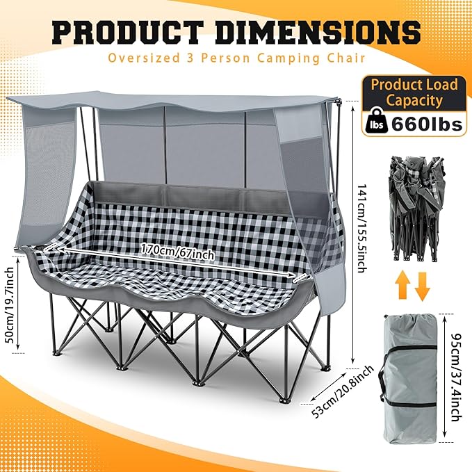 3 Person Camping Chair with Canopy Shade 700lbs Heavy Duty Oversized Beach Camping Chair with Thick Cushion Cup Holder and Carry Bag Foldable Portable Sofa for Lawn Beach Outdoor(Gray)