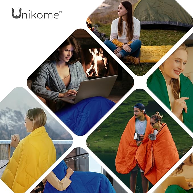 UNIKOME Waterproof Puffy Camping Blanket - Lightweight Packable Outdoor Quilt with Corner Loops Warm Compact Blanket for Cold Weather Hiking Picnic Stadium Travel 75×52 Orange