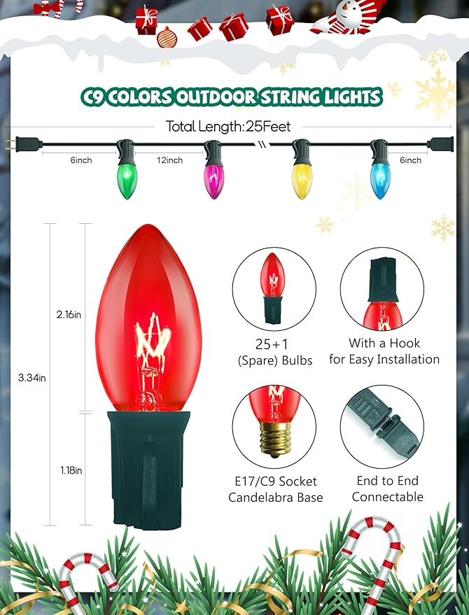 C9 Multicolor Christmas Lights 25Ft Transparent Multicolor String Lights with 26 Clear Glass Bulbs (1 Spare) Hanging Vintage Christmas Lights String for Indoor Outdoor Christmas Tree Garden Party
