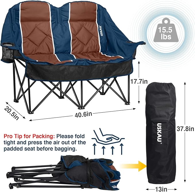 Oversized USLCamping Chair - 2 Person Portable Folding Outdoor Loveseat Heavy Duty Lawn Chairs for Adults with Padded Cushion &amp Dual Cup Holders Supports 660LBS for CampingSportsPicnic