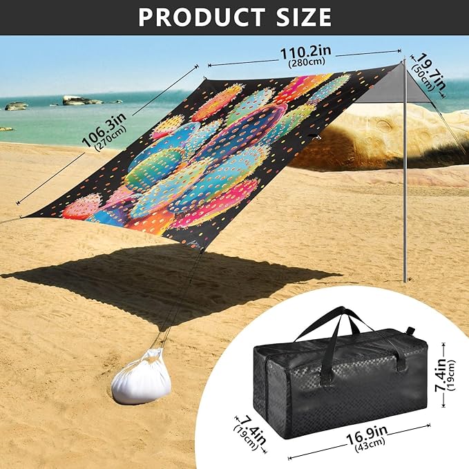 ALAZA Rainbow Cactus Cacti Polka Dots Beach Tent Sun Shelter UPF50+ Protection Beach Shade Canopy w/ 4 Sandbags for Outdoor Camping Fishing Backyard Fun Picnic 10x9 ft