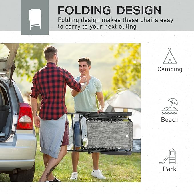 Outsunny Set of 2 Patio Folding Chairs Outdoor Bungee Sling Chairs w/Armrests Portable Lawn Chairs for Camping Garden Pool Beach Backyard Gray