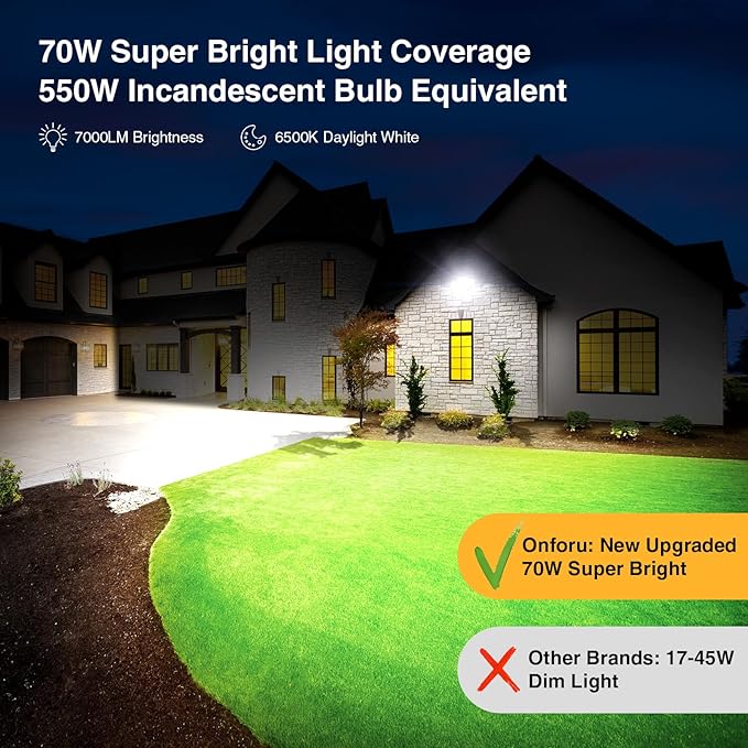 Onforu 70W LED Dusk to Dawn Flood Lights 7000LM White Exterior Security Outdoor LightingIP65 Waterproof Outdoor 3 Adjustable Heads Photocell Light Fixture6500K Floodlight for GaragePatioYard