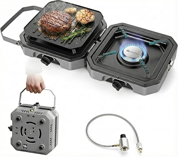 Gonex 2 Burner Propane Camping Stove with Griddle &amp Grates Portable Foldable Cooking Stove with Total 16000 BTU Two Piezo Ignition Adjustable Burners for Camping Patio Emergency Hiking (Grey