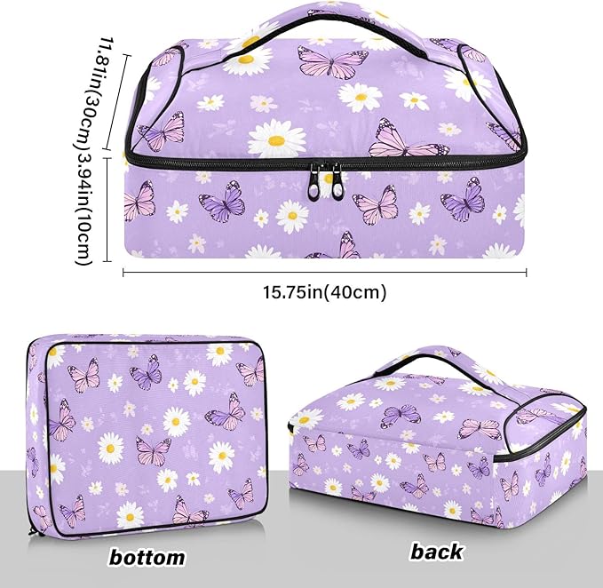 Casserole Carrier Cute Pattern Purple Butterfly and FlowersInsulated Casserole Carrier for Hot or Cold Food Thermal Lunch Tote for Potluck Parties Picnic Fits 9 x 13 Inches Baking Dish