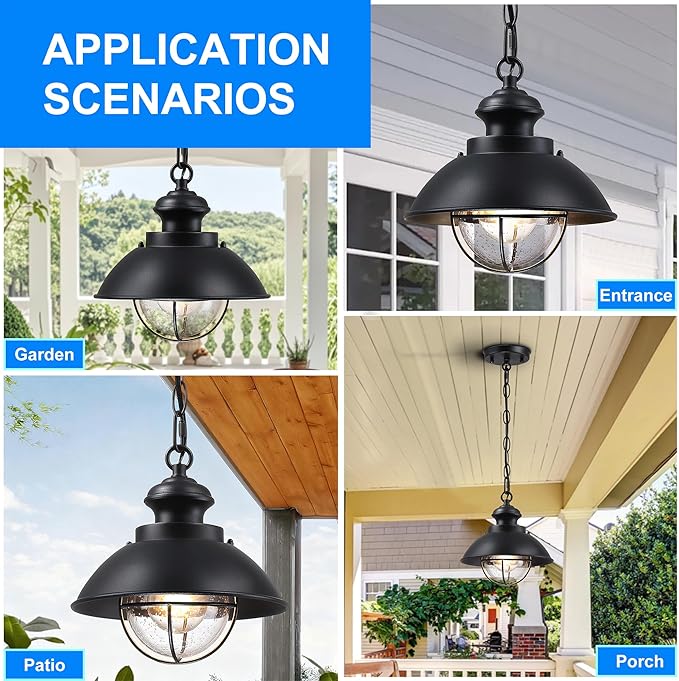 Outdoor Hanging Lights Farmhouse Exterior Pendant Light Lantern with Adjustable Chain Matte Black Outdoor Chandelier with Seeded Glass for Front Porch Gazebo Entryway Breezeway Pergolas