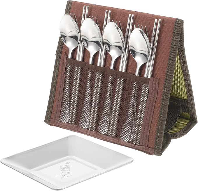KESYOO Outdoor Stainless Steel Camping Cutlery Set for 4 People Portable Picnic Tableware with Spoon Fork Chopsticks and Carry Bag Reusable Flatware for Barbecue and Hiking Random