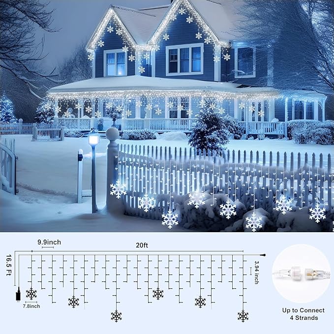 Minetom Snowflake Icicle Lights Outdoor 20FT 200 LED Icicle Christmas Lights with Timer 24 Drops 8 Modes Waterproof Christmas Light for Outdoor Outside Holiday Decoration Pure White