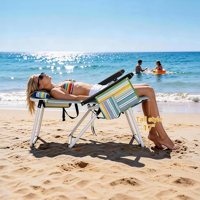 ABORON 17'' Tall Folding Beach Chair with Backpack Straps 5-Position Reclining Lounge Chair Heavy Duty 600D Oxford Fabric Insulated Cooler Bag &amp Side Pocket for Outdoor Camping Poolside