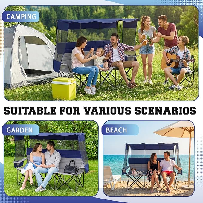 3 Person Beach Camping Chair with Canopy Shade Oversized Folding Loveseat 700lbs Heavy Duty Couch with Cup Holder Carry Bag for Lawn Outdoor Beach (Green Grey Canopy Camp Chair)