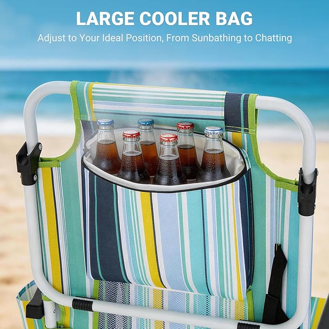 Beach Chair for AdultsPortable 5 Position Backpack Beach Chair Reclining Lay Flat Lightweight Folding Camping Chair w/Large Cooler PouchSupport to 350LBSGreen Low Hight