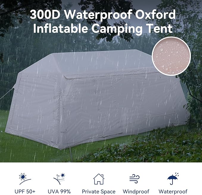 Inflatable Tent for Camping Waterproof Oxford Large Blow Up Hot Tent with Pump Easy Setup Inflatable Glamping House Air Tent for Family 4/6/8/10/12 People