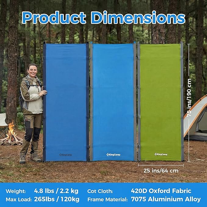 KingCamp Ultralight Camping Cot Portable Folding Tent Camping Cot 265 Lbs Heavy Duty Sleeping Cot with Pillow for Adults Outdoor Backpacking Travel Hiking Blue