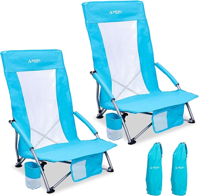 Low Beach Chairs for Adults 2 Pack High BackFolding Portable Sling Beach Camping Chair with Cup HolderLightweight Foldable Camp Lawn Chair for Outdoor Sand Concert Travel Sport Events