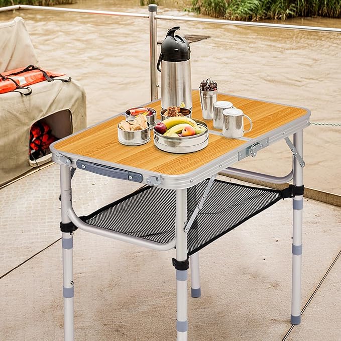 2 FT Folding Camping Table with Storage Portable Fold-in-Half Camp Kitchen Party Table 3 Height Adjustable &amp Carry Handle Rectangular Card Tables for Outdoor Picnic BBQ Backyard (Wooden Pattern