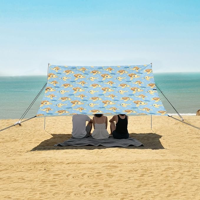 ALAZA Cute Sea Turtle Cartoon Beach Tent Sun Shelter UPF50+ Protection Beach Shade Canopy w/ 4 Sandbags for Outdoor Camping Fishing Backyard Fun Picnic 10x9 ft