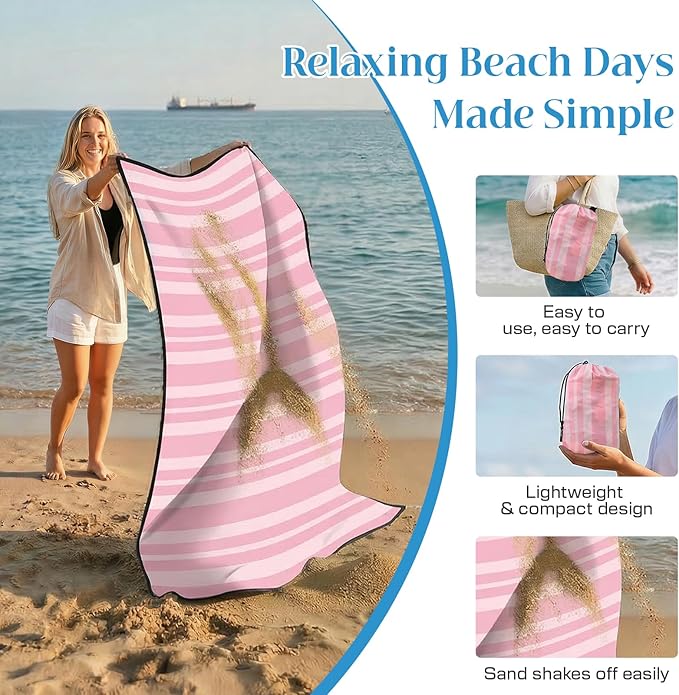 OIGAE Oversized Beach Blanket 9×10 ft Sand-Free Outdoor Mat for Groups Quick-Dry Picnic Blanket with Stakes &amp Corner Pockets Pink Stripe