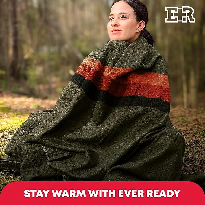 Ever Ready First Aid Military Wool Blanket - 95% Wool Washable Perfect for Outdoors Travel Car &amp Bushcraft Emergency Blanket 96 x 96 6.65 lbs. - Olive Drab Green with Stripes - Queen Size