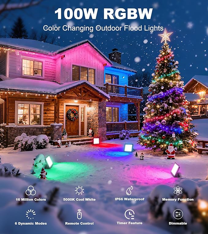 100W LED Flood Light with Remote &amp 6.6Ft Cable Christmas Floodlight RGB IP66 Waterproof Color Changing 5000K White Daylight Timing Waterproof Landscape Light Outdoor Uplight for Event 4 Pack