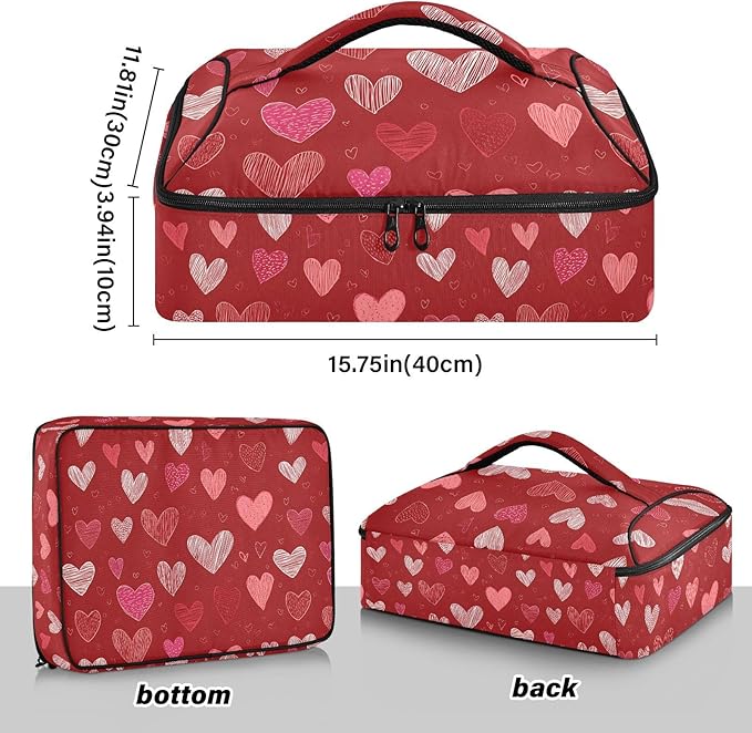 Casserole Carrier Hand-drawn HeartsInsulated Casserole Carrier for Hot or Cold Food Thermal Lunch Tote for Potluck Parties Picnic Beach Fits 9 x 13 Inches Baking Dish