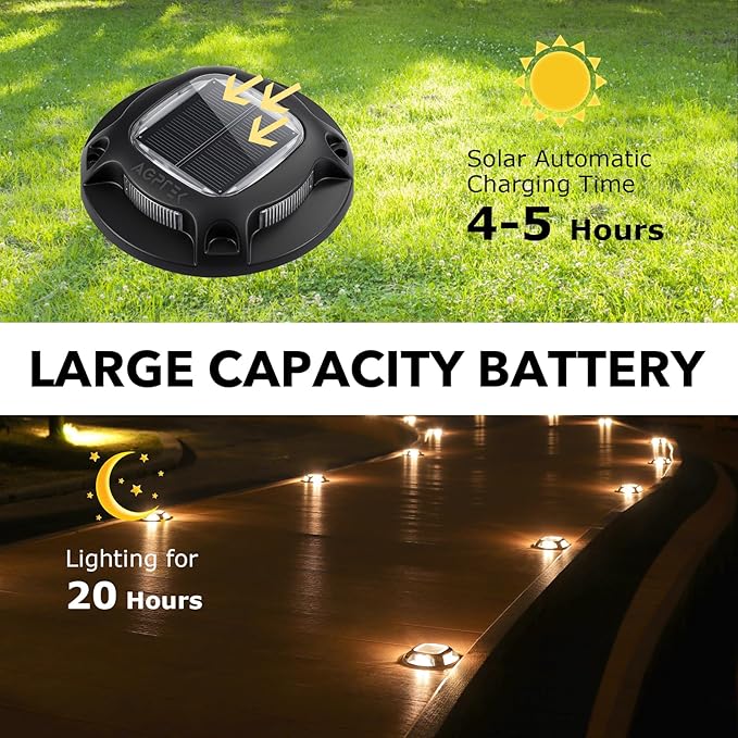 AGPTEK Solar Driveway Lights Outdoor 4 Pack 2 Color Modes LED Deck Dock Marine Waterproof Driveway Marker Lights for Step Sidewalk Stair Garden Pathway Walkway Yard (Warm White/Cool White Black)