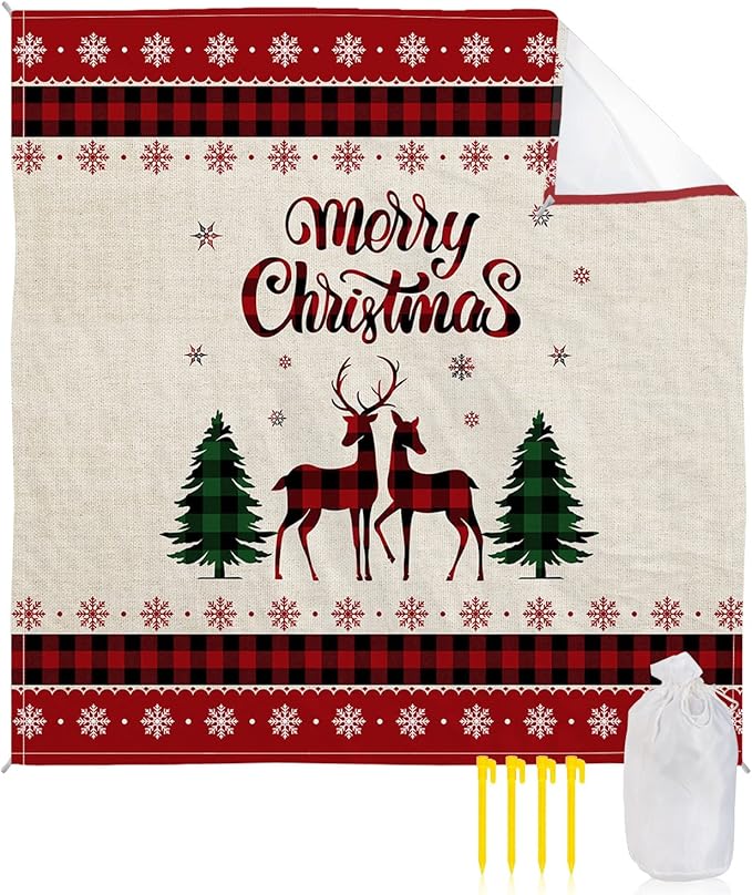 Beach Blanket Waterproof Sandproof Ethnic Winter Deer Christmas Trees Quick Drying Beach Mat with 4 Stakes Winter Snowflake on Linen Lightweight Picnic Blanket for Travel Camping Outdoor 83x79