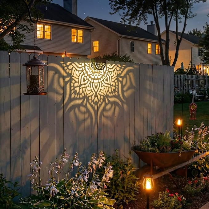 4 Pack Solar Fence Lights Outdoor Wall Lights Plastic Solar Powered Deck Step Stair Lights Mandala Theme Waterproof Fence Solar Light for Garden Post Patio Yard Decor Gardening Gifts for Women Mom
