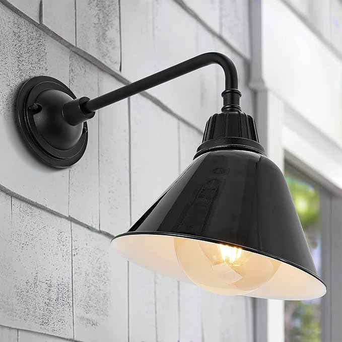 JONATHAN Y 9.63 Black 1-Light Farmhouse Outdoor Sconce Industrial LED Wall Light Gooseneck Arm Barn Lamp with Metal Bell Shade for Porch Patio Kitchen LED Bulb Included (JYL7612B)