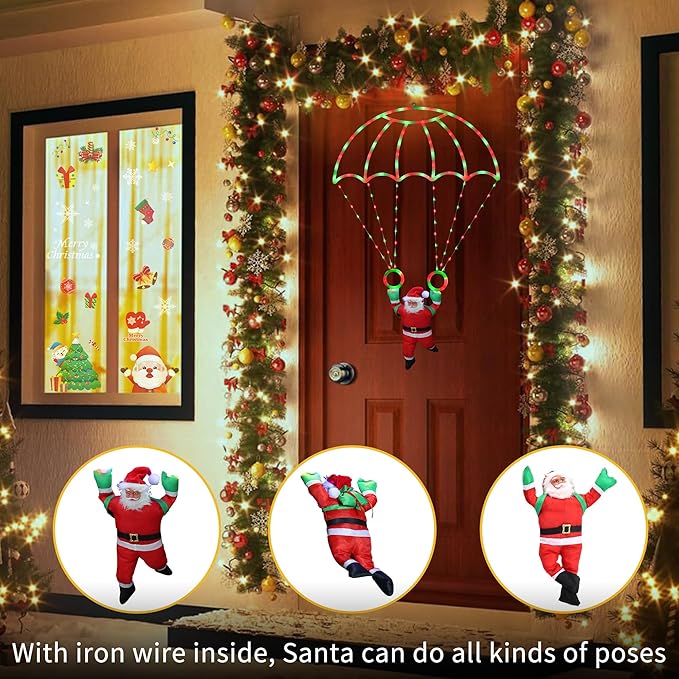 Toodour Christmas Decorations Lights Outdoor 2.8FT Christmas Parachute Lights with Santa Claus Waterproof 8 Modes Hanging Red &amp Green Xmas Light - Holiday Decorative Light for Indoor Eave Roof