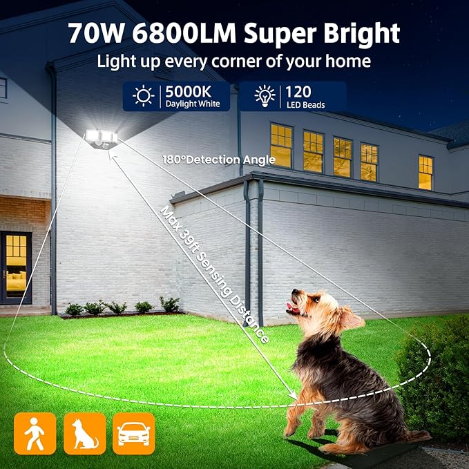 MEIHUA 70W Motion Sensor Outdoor Lights 6800LM LED Security Lights Motion Sensor Light Outdoor 6500K Daylight Dusk to Dawn 3 Adjustable Heads Flood Lights IP66 Waterproof for Outside Garage