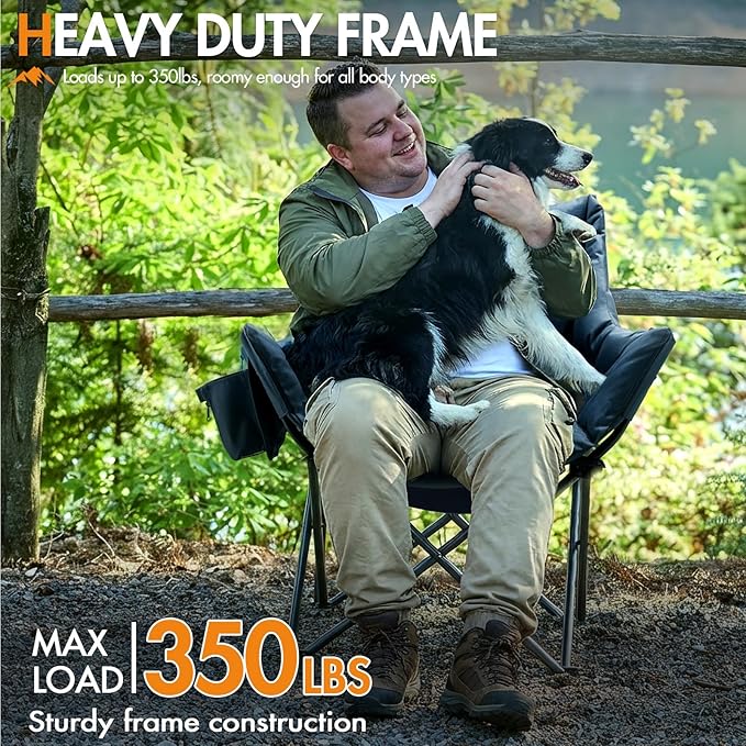 Portal Oversized Padded Camping Chair - Heavy Duty Folding Chair with Cup Holder &amp Side Pocket Supports 330 lbs for Camping Lawn Sports Black