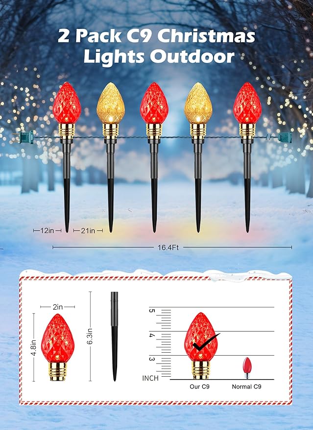 Brightown 2 Pack Strawberry C9 Christmas Pathway Lights Outdoor - Total 34.8 Feet 20 LED Christmas Walkway Lights Christma LightsOutdoor Decorations for Yard Lawn Holiday Outside Red &amp Warm Whit