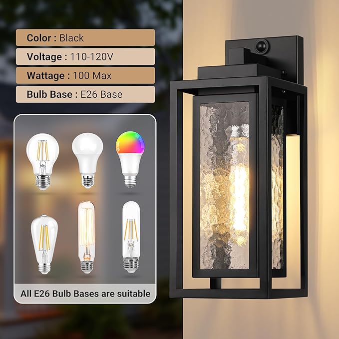 WIHTU Motion Sensor Exterior Porch Light Fixtures Water Ripple Outdoor Wall Lantern 2 Pack Sensor Wall Sconce Lights Waterproof Outside Lantern Lamp Porch Lamp for Garage Doorway(Bulb Included)