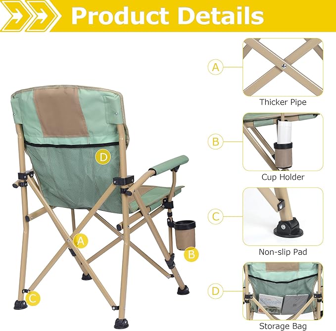 XGEAR Camping Chair with Padded Hard Armrest Sturdy Folding Camp Chair with Cup Holder Storage Pockets Carry Bag Included Support to 400 lbs