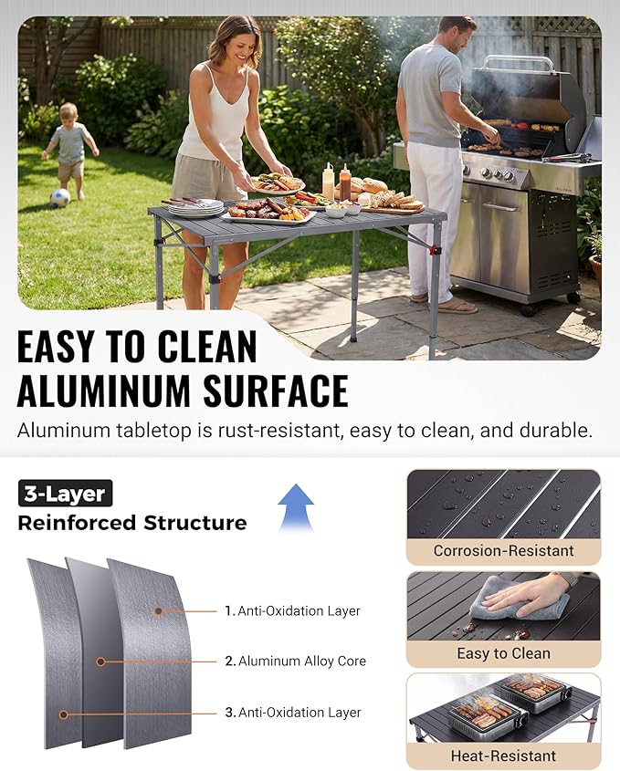 KingCamp Folding Camping Table Foldable Loads 265 Lbs 42.1× 27.6 Portable Table 3 Adjustable Height Aluminum Roll Up Camp Table with Carry Bag for Camping Picnic BBQ Backyard Indoor &amp Outdoor