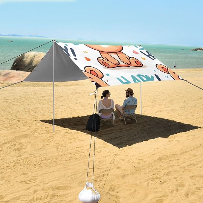 Cute Cartoon Bear with The Word Camping Sun Shelter Beach Tent Portable Beach Sun Shade Outdoor Canopy for Camping Trips Fishing Picnic
