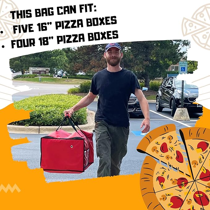 FSE Insulated Pizza Food Delivery Bag Carrier 18 Inch x 18 Inch x 13 Inch Breathable Design Fits Five 16 Pizza Boxes or Four 18 Pizza Boxes for Hot or Cold Items Red