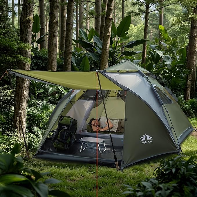 Night Cat Instant Popup Tents 2-3 Persons with Footprint Tarp Easy Setup Camping Tent with Rainfly Double Layers Waterproof Automatic Hydraulic Mechaism
