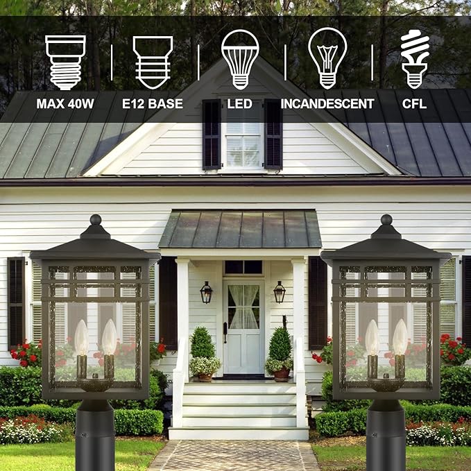 Outdoor Post Light Fixture 2-Light Large Exterior Pillar Lantern with Black Finish &amp Seeded Glass 10 Inch Square Pier Mount Lamp for Garden Backyard Courtyard Patio Deck Pathway Walkway